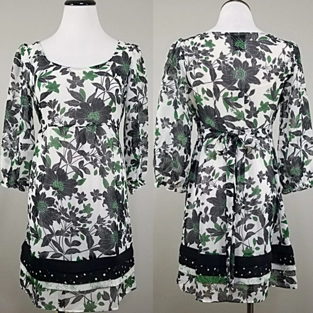 Anthropologie FEI Babydoll Tunic Dress XS P/T Boho Fairy Floral Sheer Overlay